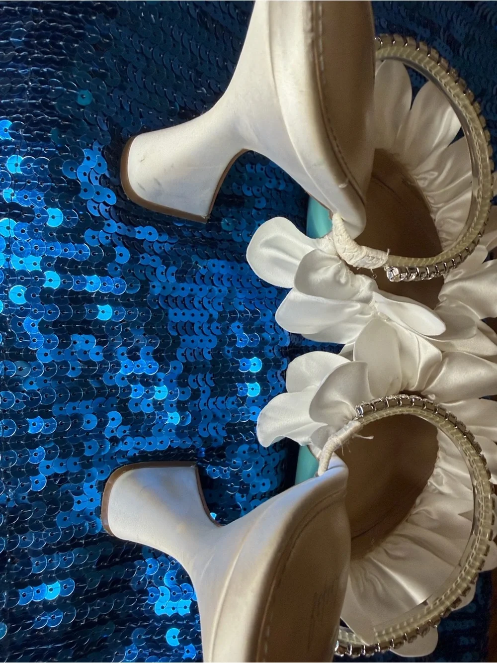 Beautiful Betsey Johnson White Satin Ruffle Mules with Rhinestone Straps